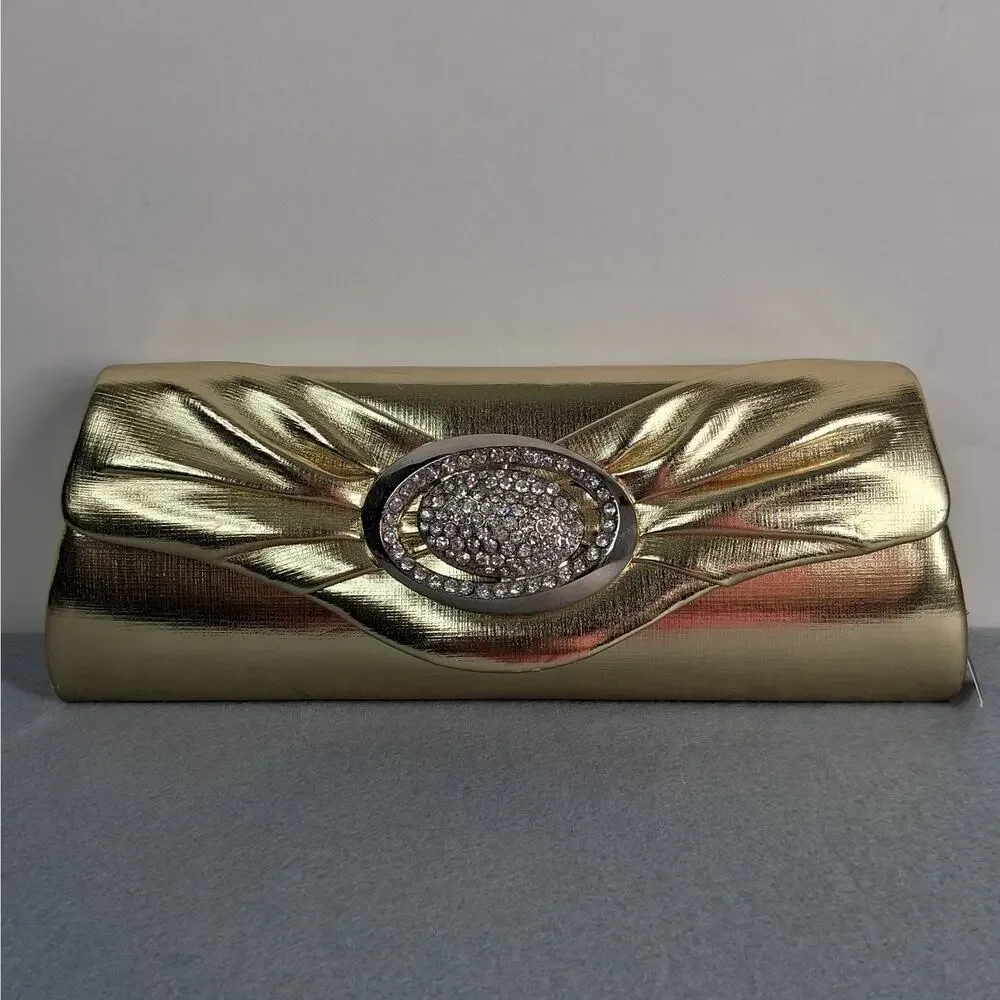 Ray USA Formal Bag Purse Gold Colored w/ Rhinestones Clutch Shoulder Crossbody